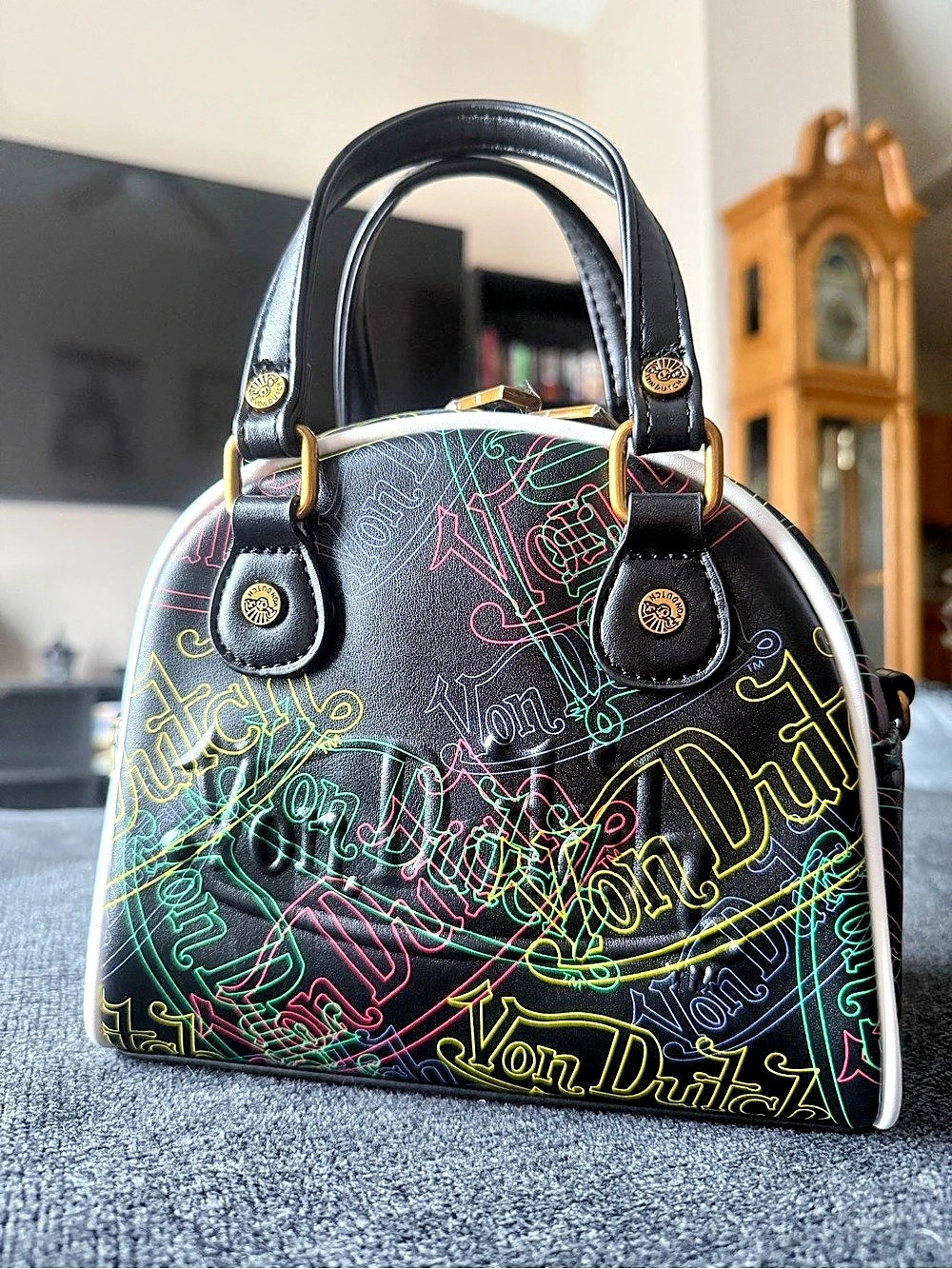 Von Dutch Neon Multi-Logo Bowling Bag Neon Logo Satchel in Black NWT